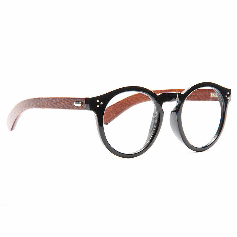 Teak Oversized Round Wood Arm Horn Rimmed Clear Glasses