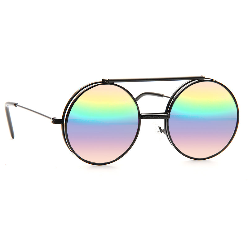 Hallick Color Mirror Round Flip-Up Metal Sunglasses